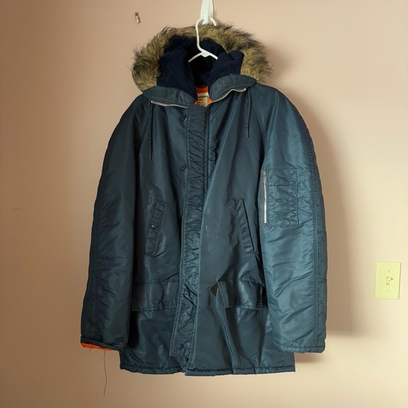 Navy Flying Jacket with Hood and Zipper Closure - Picture 2 of 8